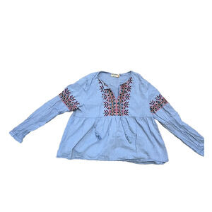 Ruff Hewn Peasant Embroidered Baby Doll Top Large Boho Blouse Blue 100% Cotton